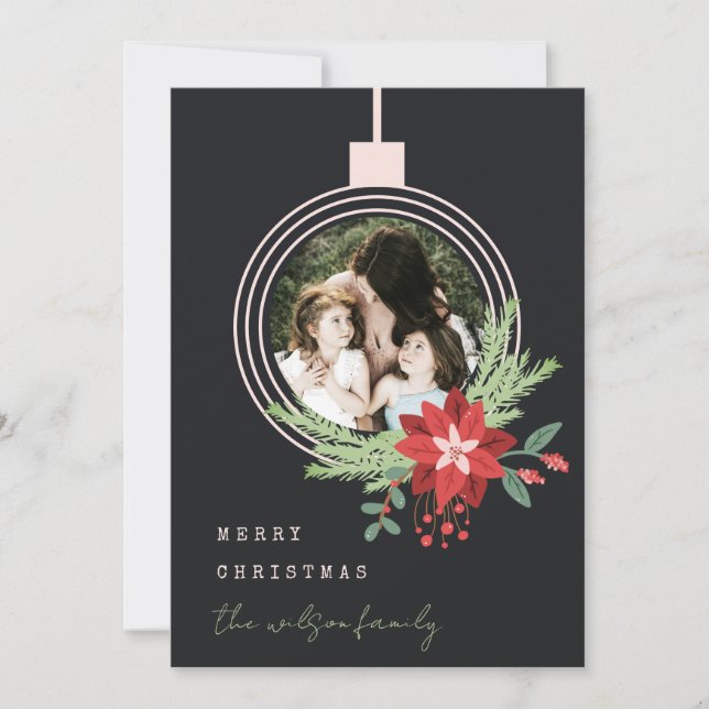 Black Pink Christmas Ornament Photo Poinsettia Holiday Card (Front)