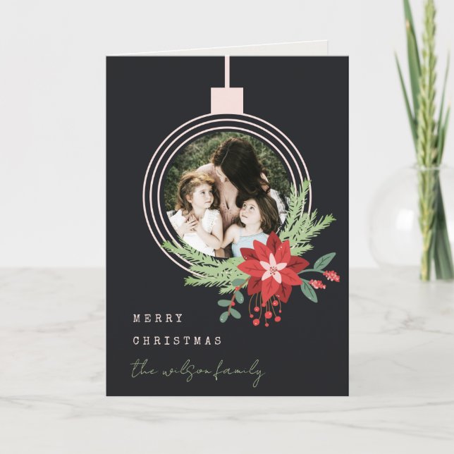 Black Pink Christmas Ornament Photo Poinsettia Holiday Card (Front)
