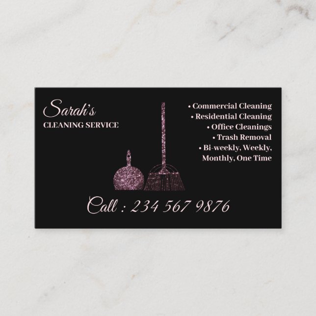 Black Pink Cleaning Service Janitorial sparkle Business Card (Front)