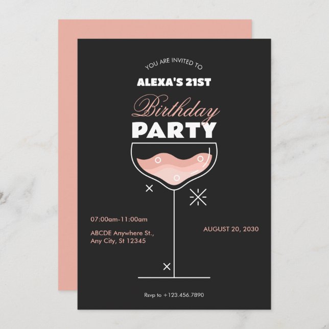 Black pink cocktail glass birthday Invitation (Front/Back)