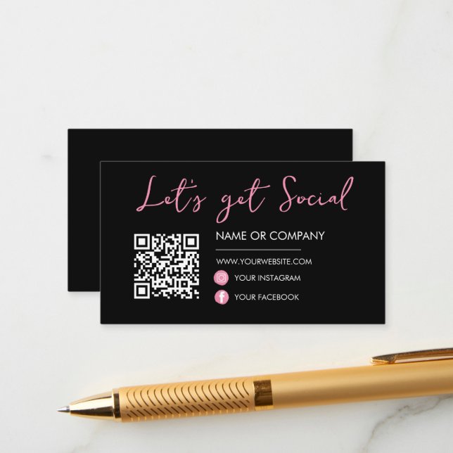 Black Pink Connect with us Social Media Qr Code Enclosure Card (Front/Back In Situ)
