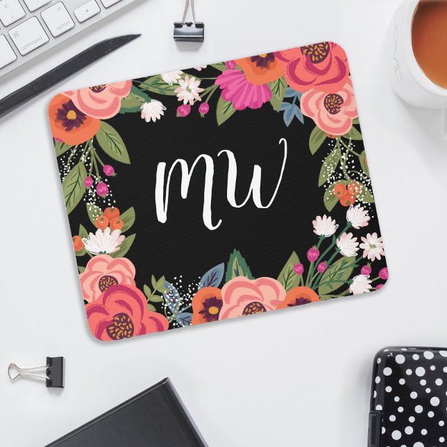Black Pink Coral Boho Flower Frame Monogrammed Mouse Pad (Creator Uploaded)