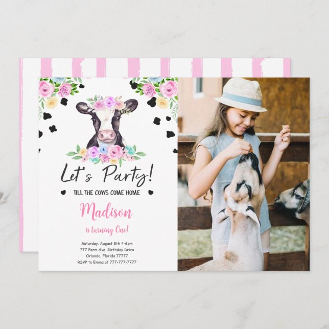 Black & Pink Cow Birthday Photo Invitation (Front/Back)