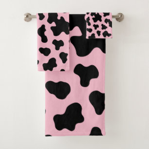 Black & Pink Cow Cowhide Print Bath Towel Set