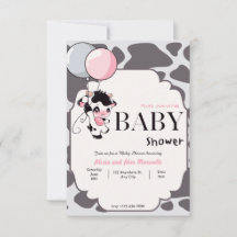 Black Pink Cow with Balloon baby shower invitation
