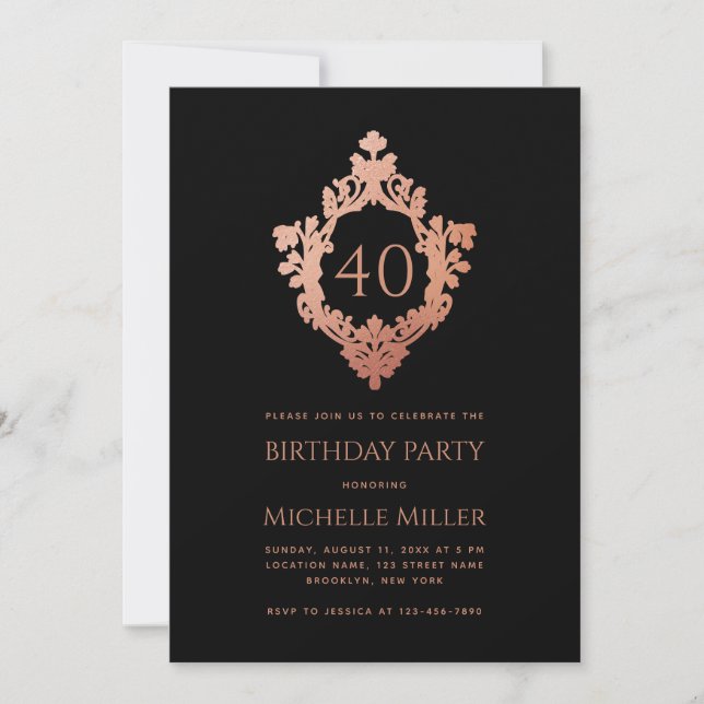 Black Pink Crest Elegant Vintage 40th Birthday Invitation (Front)