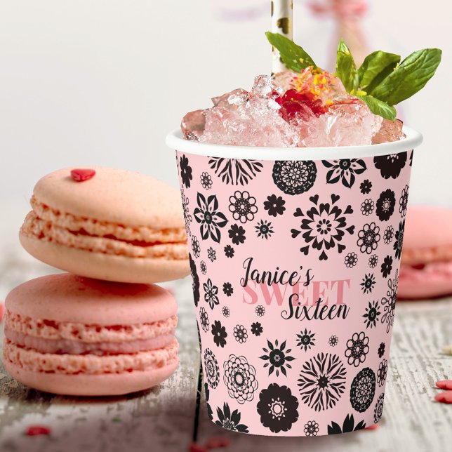Black Pink Cute Floral Sweet 16 Personalised Name Paper Cups (Creator Uploaded)