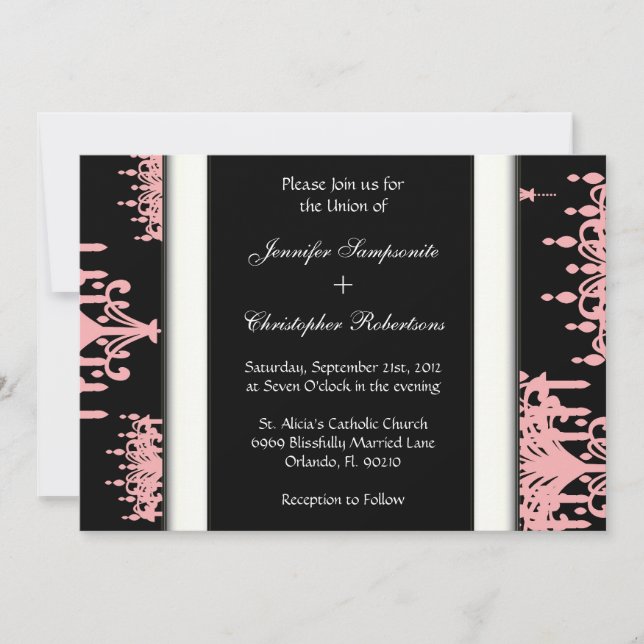 Black & Pink Damask Chandelier Pattern Black & Whi Invitation (Front)