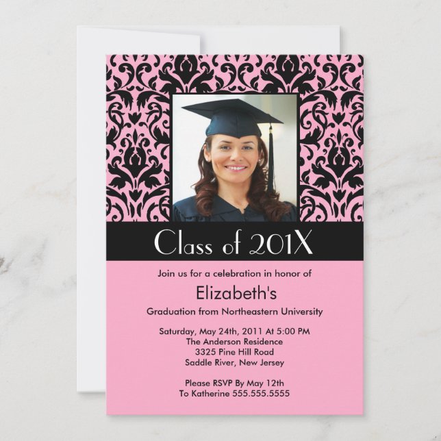 Black Pink Damask Graduation Invitation Photo (Front)