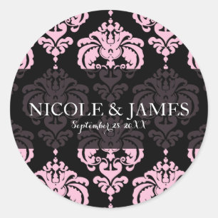 Black & Pink Damask Vintage Wedding Event Favour Classic Round Sticker