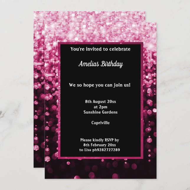 BLACK PINK DIAMOND WATERFALL BIRTHDAY PARTY INVITATION (Front/Back)