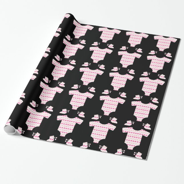 Black Pink Dolka Dot Baby Outfit Baby Shower Wrapping Paper (Unrolled)