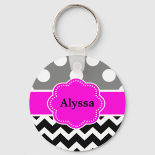Black Pink Dots Chevron Personalised Key Ring