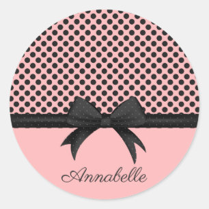 Black Pink Dots & Ribbon Classic Round Sticker