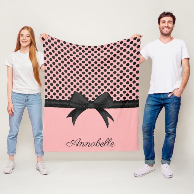 Black Pink Dots & Ribbon Fleece Blanket (In Situ)