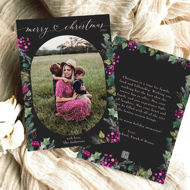 Black & Pink Elegant Boho Photo Merry Christmas  Holiday Card (Creator Uploaded)