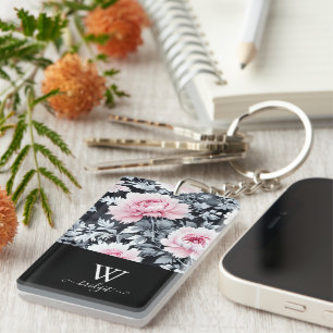 black & pink elegant Modern Floral Key Ring