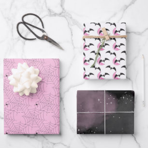 Black Pink Fancy Spider Bat Sky Halloween Wrapping Paper Sheet