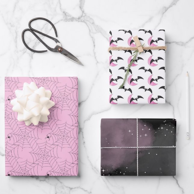 Black Pink Fancy Spider Bat Sky Halloween Wrapping Paper Sheet (Front)