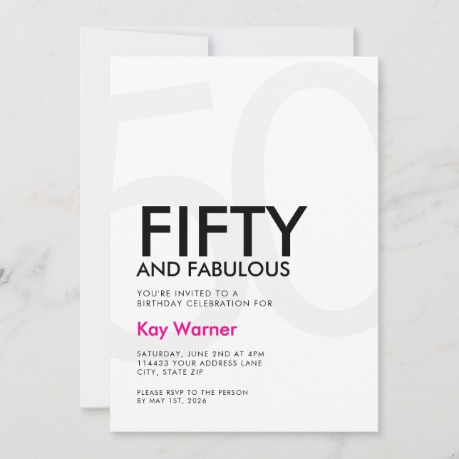 Black Pink Fifty and Fabulous 50th Birthday Invitation (Front)