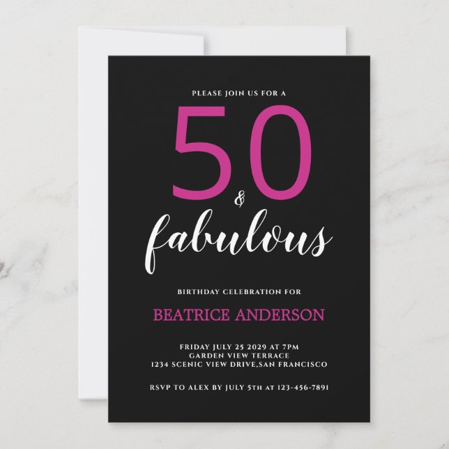  Black Pink Fifty and Fabulous Fiftieth Birthday Invitation (Front)