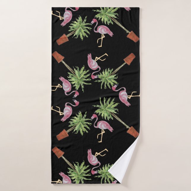 Black Pink Flamingo Flamingos Palm Tree Bath Bath Towel Set (Bath Towel)