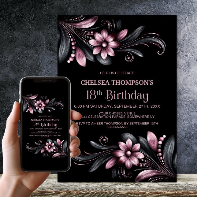 Black Pink Floral 18th Birthday Party Invitation (Creator Uploaded)