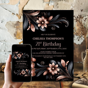 Black Pink Floral 21st Birthday Party Invitation