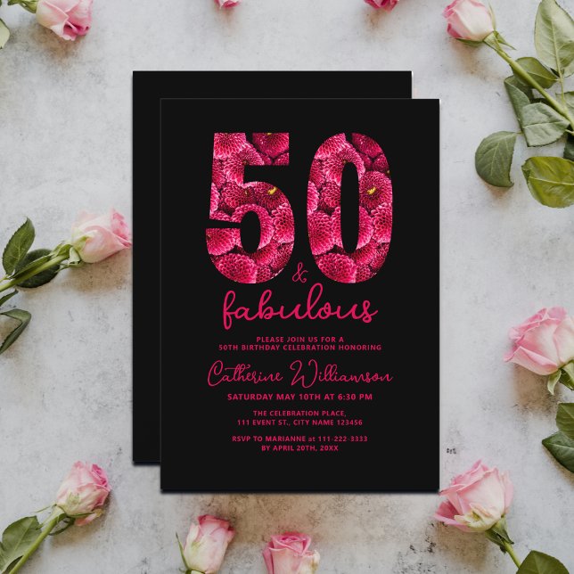 Black Pink Floral 50 and Fabulous Birthday Party Invitation (Add your details to personalize your event, see the collection for other matching items.)