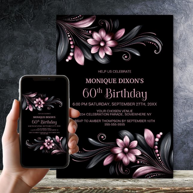 Black Pink Floral 60th Birthday Party Invitation (Creator Uploaded)