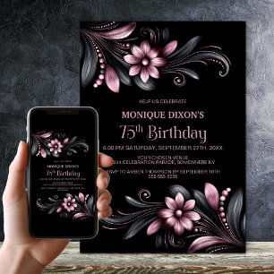 Black Pink Floral 75th Birthday Party Invitation