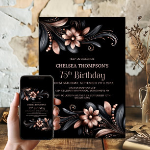 Black Pink Floral 75th Birthday Party Invitation