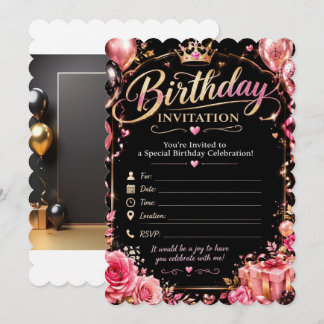 Black & Pink Floral Birthday Invitation 🌸