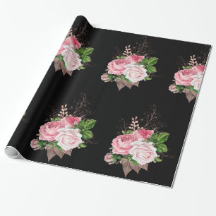 Black Pink Floral BIRTHDAY WEDDING WRAP Wrapping Paper