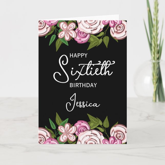 Black Pink Floral Black 60th Birthday Card (Front)