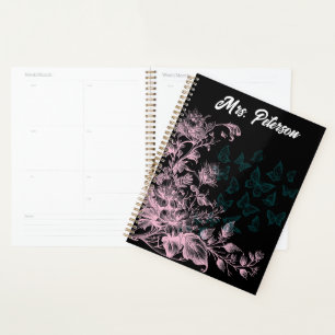 Black Pink Floral Butterfly Womens Weekly Planner