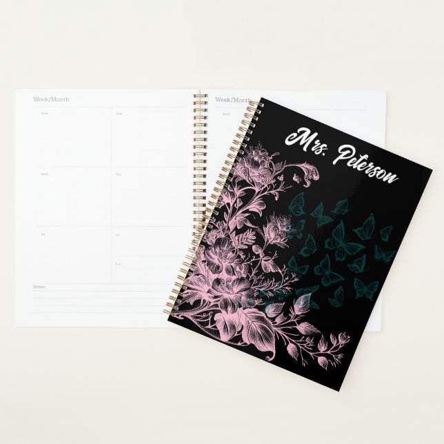 Black Pink Floral Butterfly Womens Weekly Planner  (Display)