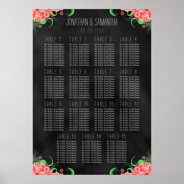 Black & Pink Floral DIY 15 Table Seating Chart (Front)
