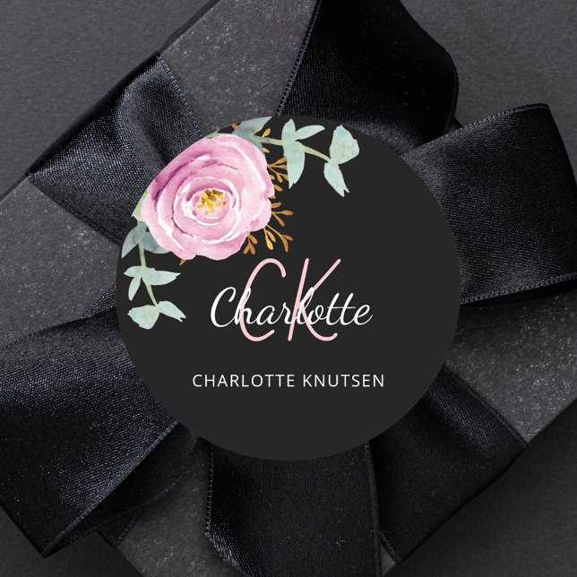 Black pink floral eucalyptus thank you classic round sticker (Creator Uploaded)