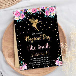 Black Pink Floral Fairy Birthday Invitations