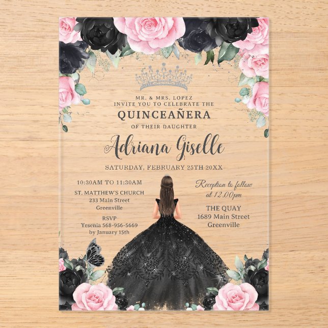 Black Pink Floral Flowers Dress Silver Quinceanera Acrylic Invitations (Front)