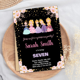 Black Pink Floral Glitter Princess Invitations