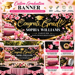 Black Pink Floral Graduation Congratulations Banner