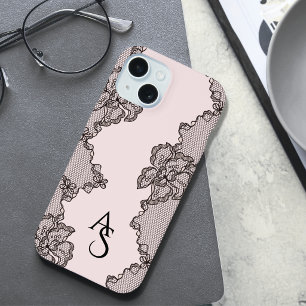 Black Pink Floral Lace Monogrammed iPhone 15 Case