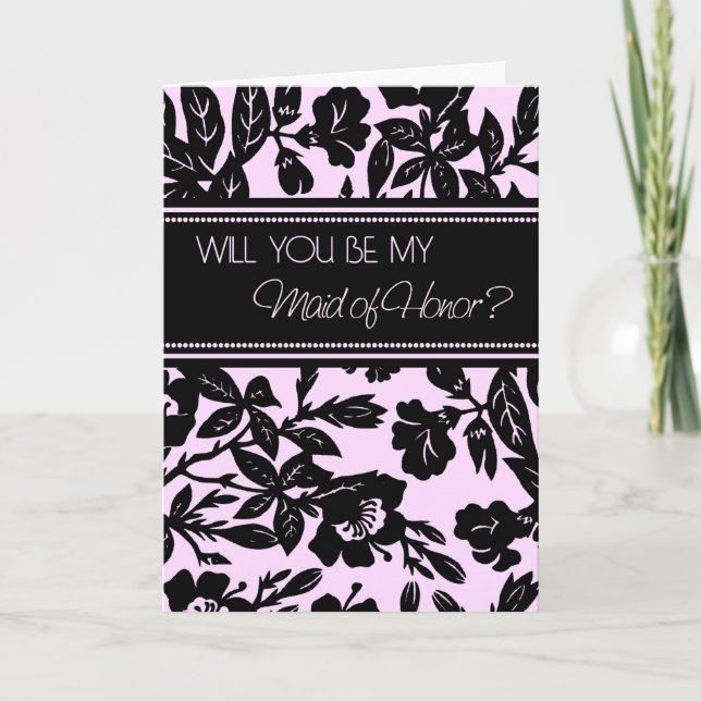 Black Pink Floral Maid of Honour Invitation Card (Front)