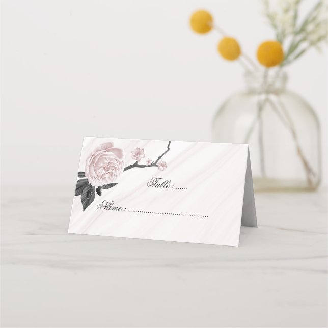 black & pink floral marble place card (Front)