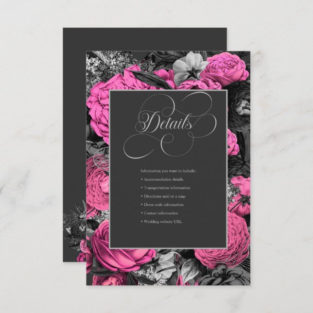Black Pink Floral | Modern Chic Botanical Wedding Enclosure Card (Front/Back)
