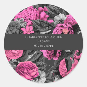 Black Pink Floral Modern Chic Floral Wedding Classic Round Sticker