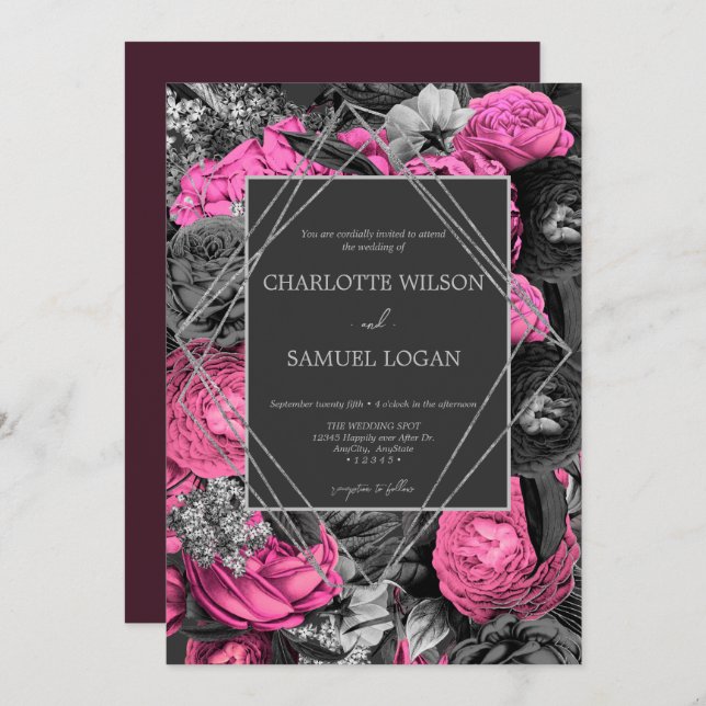 Black Pink Floral | Modern Chic Floral Wedding Inv Invitation (Front/Back)