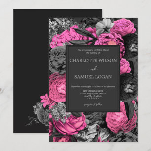 Black Pink Floral Modern Chic Floral Wedding Inv Invitation